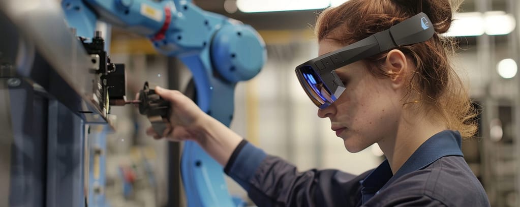 Mitarbeiterin mit AR-Brille bei der Bedienung eines Roboters-Arms | Une employée équipée de lunettes AR utilise un bras robotisé