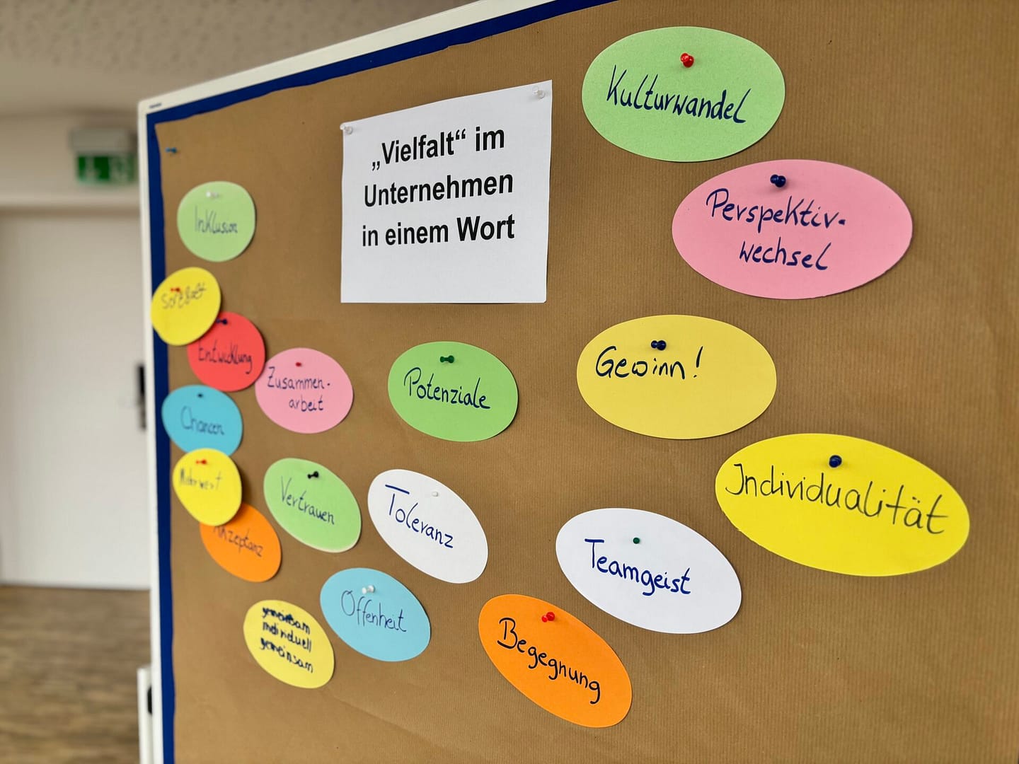 Metaplanwand mit Stichworten zu "Vielfalt" im Unternehmen | Tableau avec des mots-clés sur la « diversité » dans l'entreprise